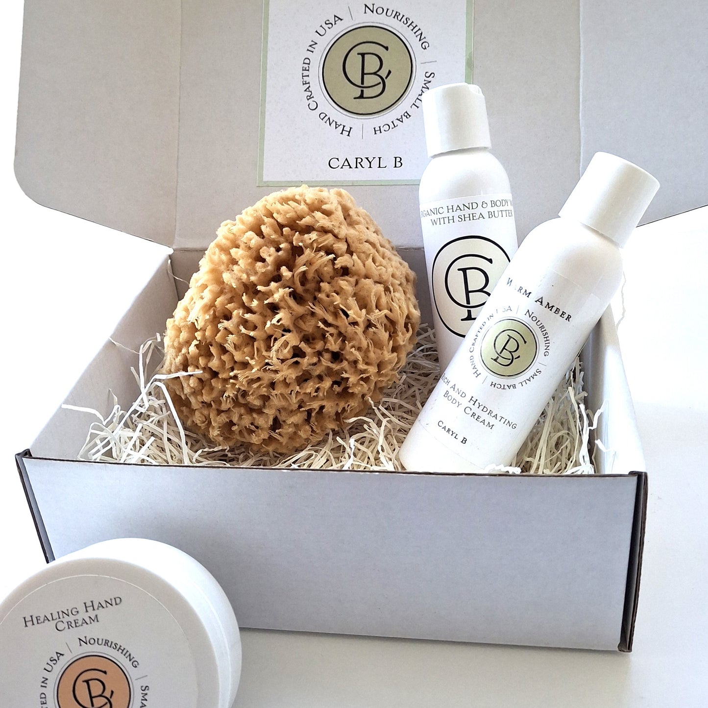 Gift Box with Sea Sponge, Hand Cream, Liquid Soap, body lotion.