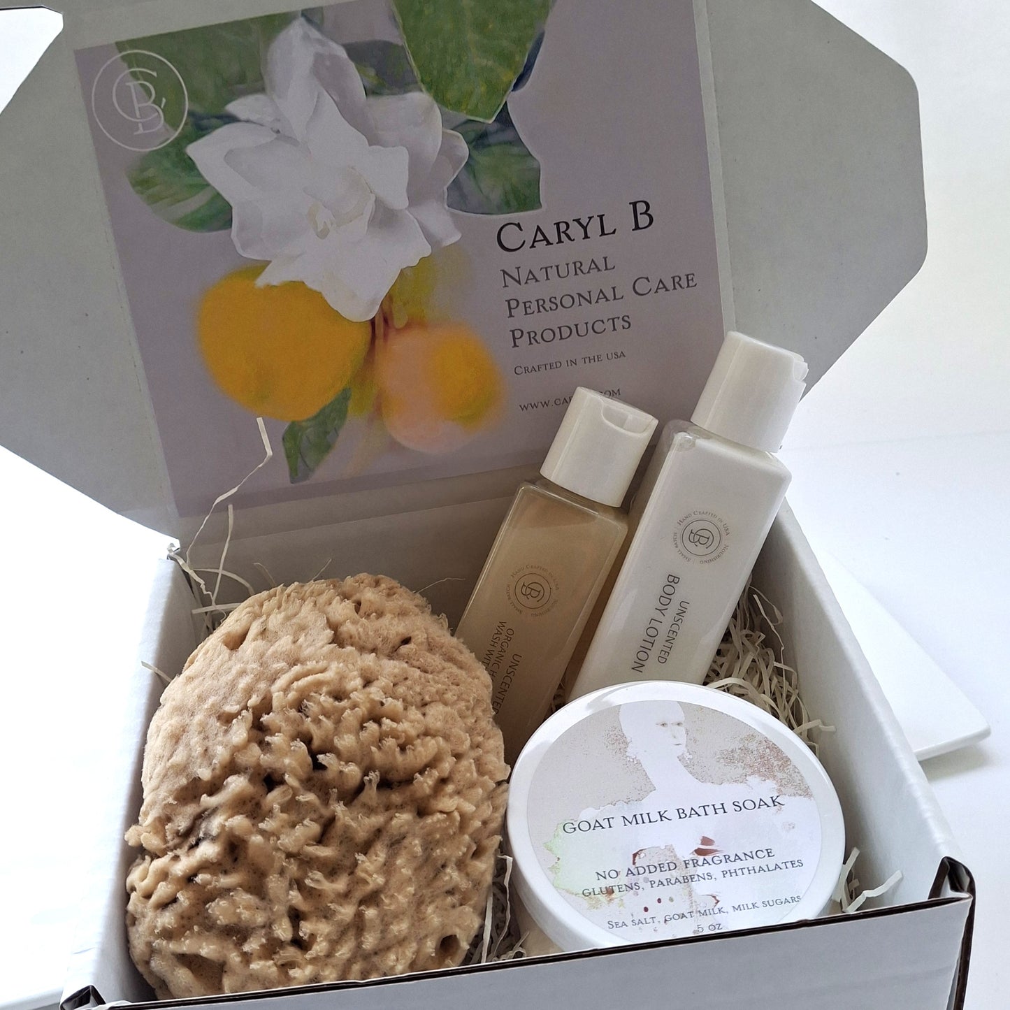 Gift Box With Unscented Goat Milk Bath Soak, Body Lotion, Organic Face and Body Wash