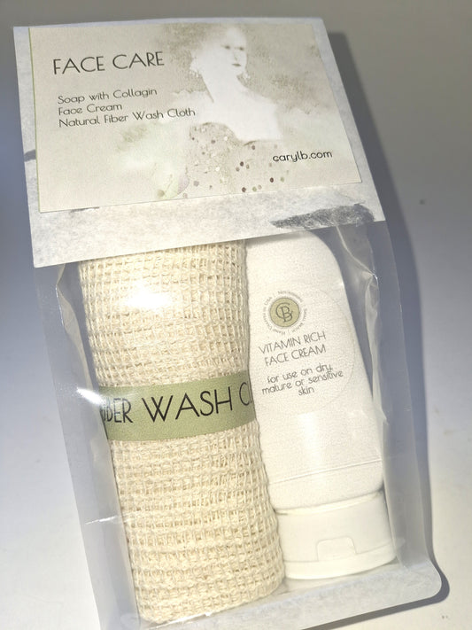 Face Care Gift Set...Face Cream, Soap Bar with Collagen, Natural Fiber Wash Cloth