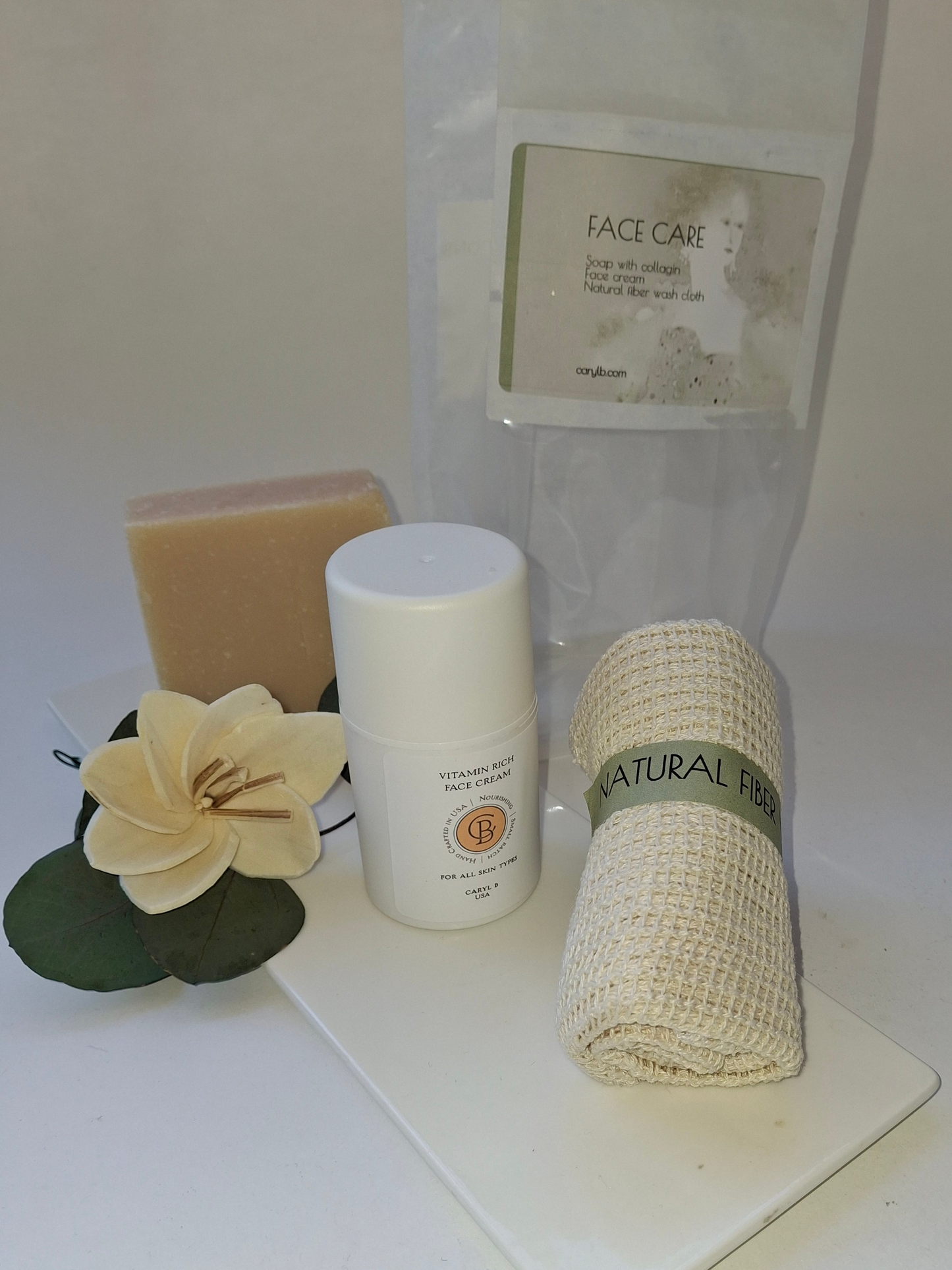Face Care Gift Set...Face Cream, Soap Bar with Collagen, Natural Fiber Wash Cloth