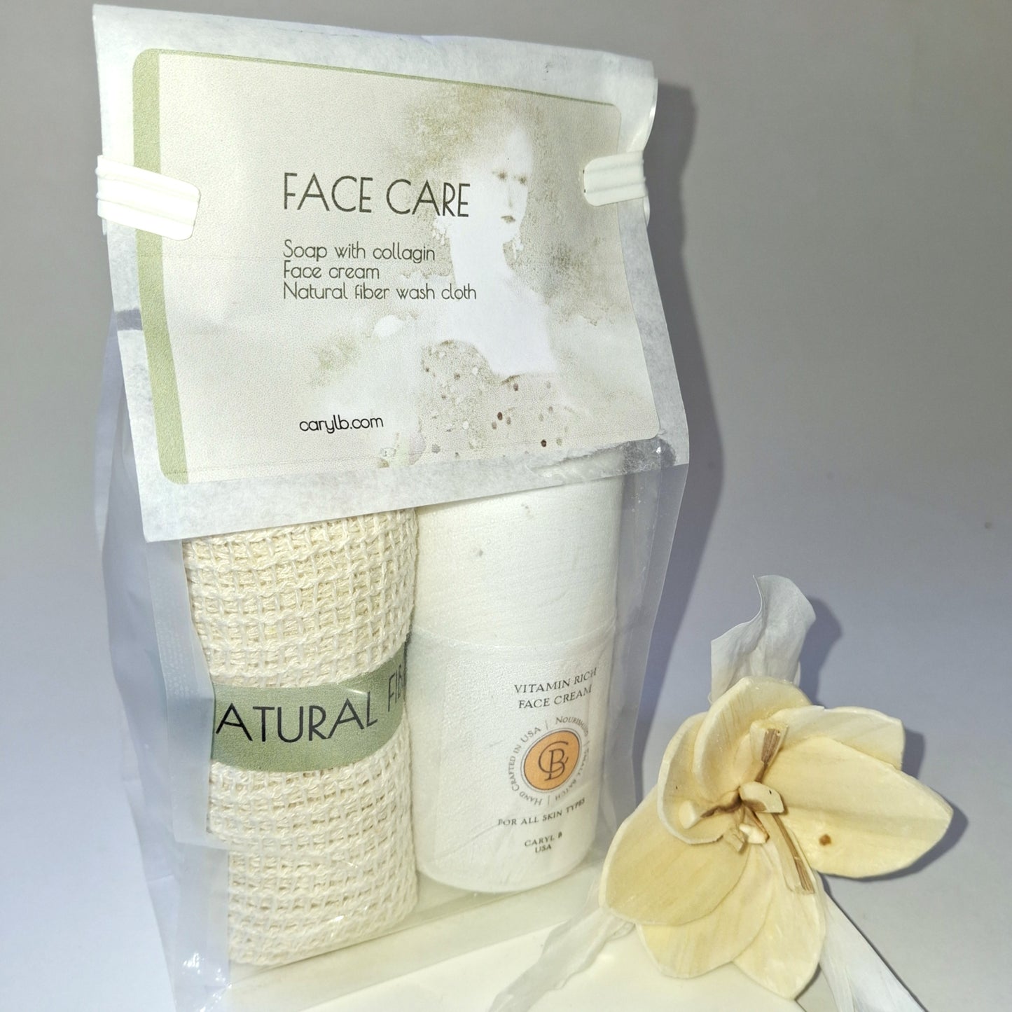 Face Care Gift Set...Face Cream, Soap Bar with Collagen, Natural Fiber Wash Cloth