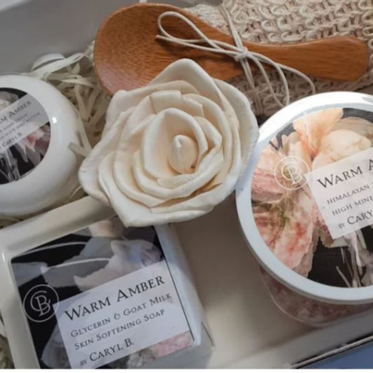 Gift Set Warm Amber with Soap Hand Cream Bath Salts Wash Cloth and Ceramic Tray
